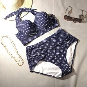 Women's High-Waisted Two-Piece Bikini Bathing Swimsuit Blue/White‎ L Polka Dots